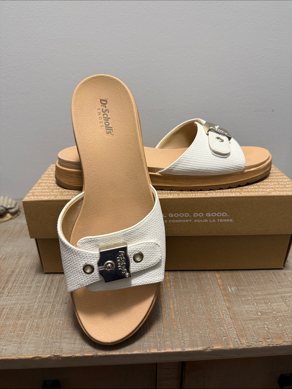 Dr. Scholl's White Slide Mules with Silver Buckle